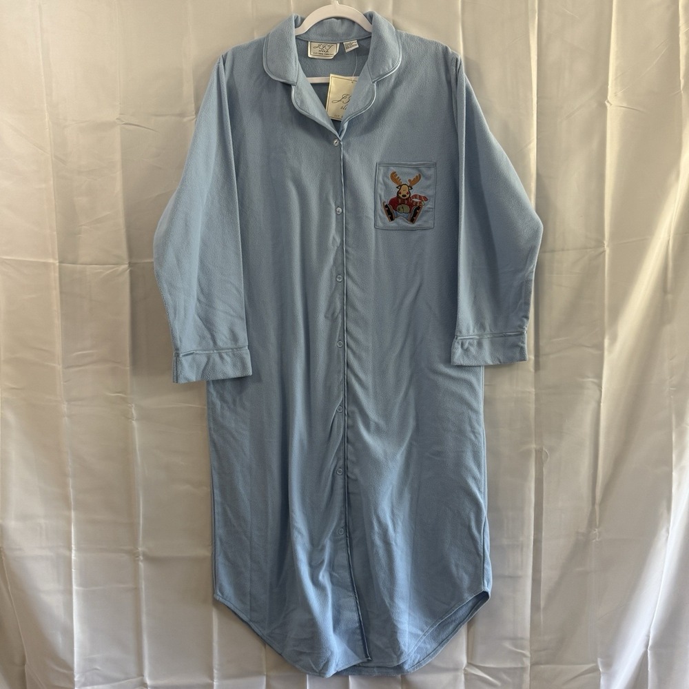 Moose Skating Blue Long Nightgown Pocket Modest Outdoor Wilderness M New Pjs